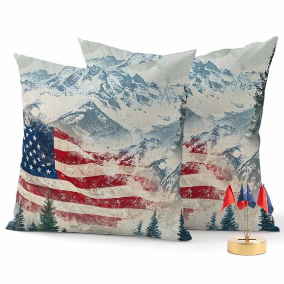 2 Pack Outdoor Waterproof Throw Pillows,Independence Day Mountain Forest Decorative Square Pillow Case Patio Pillows for Chair Couch Sofa 16x16in