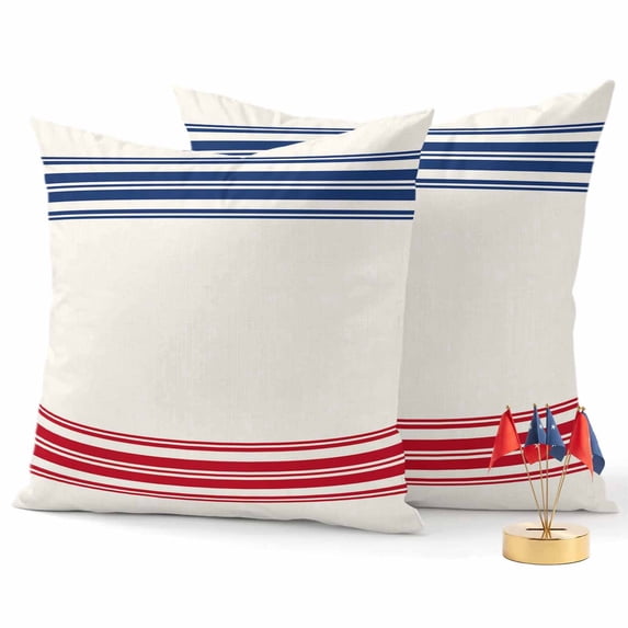 2 Pack Outdoor Waterproof Throw Pillow Covers,Independence Day Red Blue Stripe Decorative Square Patio Pillowcases for Chair Couch Sofa 18x18in