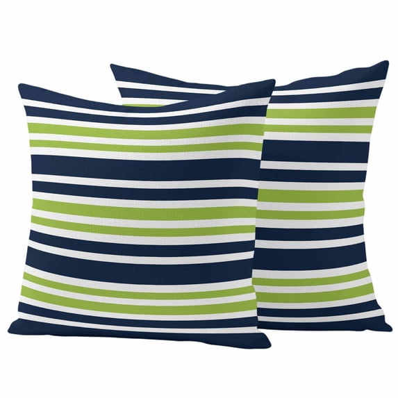 2 Pack Outdoor Waterproof Throw Pillow Covers,Navy Blue Green Stripe Decorative Square Pillow Case Patio Pillowcases for Chair Couch Sofa 16x16in