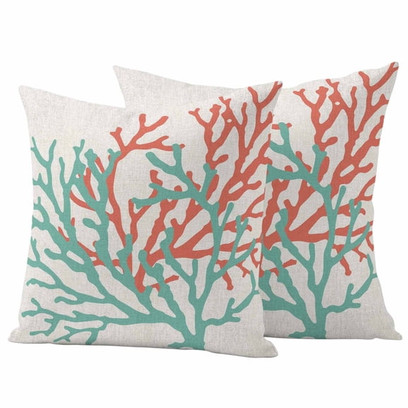 2 Pack Outdoor Waterproof Throw Pillow Covers,Ocean Teal Orange Coral on Linen Decorative Square Patio Pillowcases for Chair Couch Sofa 16x16in