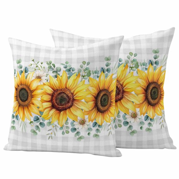 2 Pack Outdoor Waterproof Throw Pillow Covers,Pastoral Sunflower Gray Buffalo Plaid Decorative Square Pillow Case Patio Pillowcases for Chair Couch Sofa 16x16in