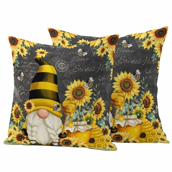 2 Pack Outdoor Waterproof Throw Pillow Covers,Sunflower Dwarf Honey Bee Decorative Square Pillow Case Patio Pillowcases for Chair Couch Sofa 18x18in