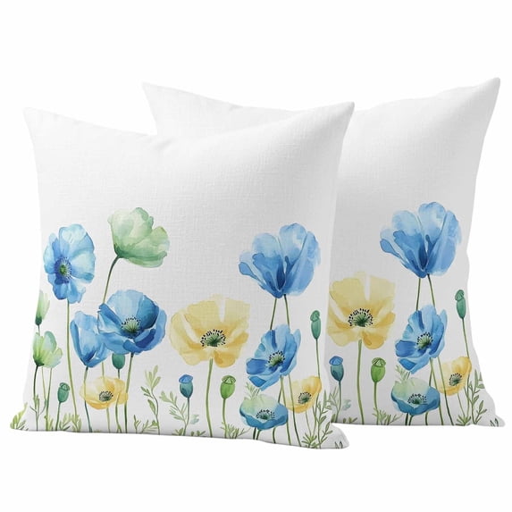 2 Pack Outdoor Waterproof Throw Pillow Covers,Watercolor Flower Blue Yellow Poppy Decorative Square Patio Pillowcases for Chair Couch Sofa 16x16in