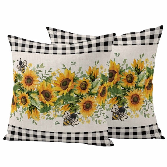 2 Pack Outdoor Waterproof Throw Pillow Covers,Watercolor Sunflower Bee Green Leaves Decorative Square Pillow Case Patio Pillowcases for Chair Couch Sofa 16x16in
