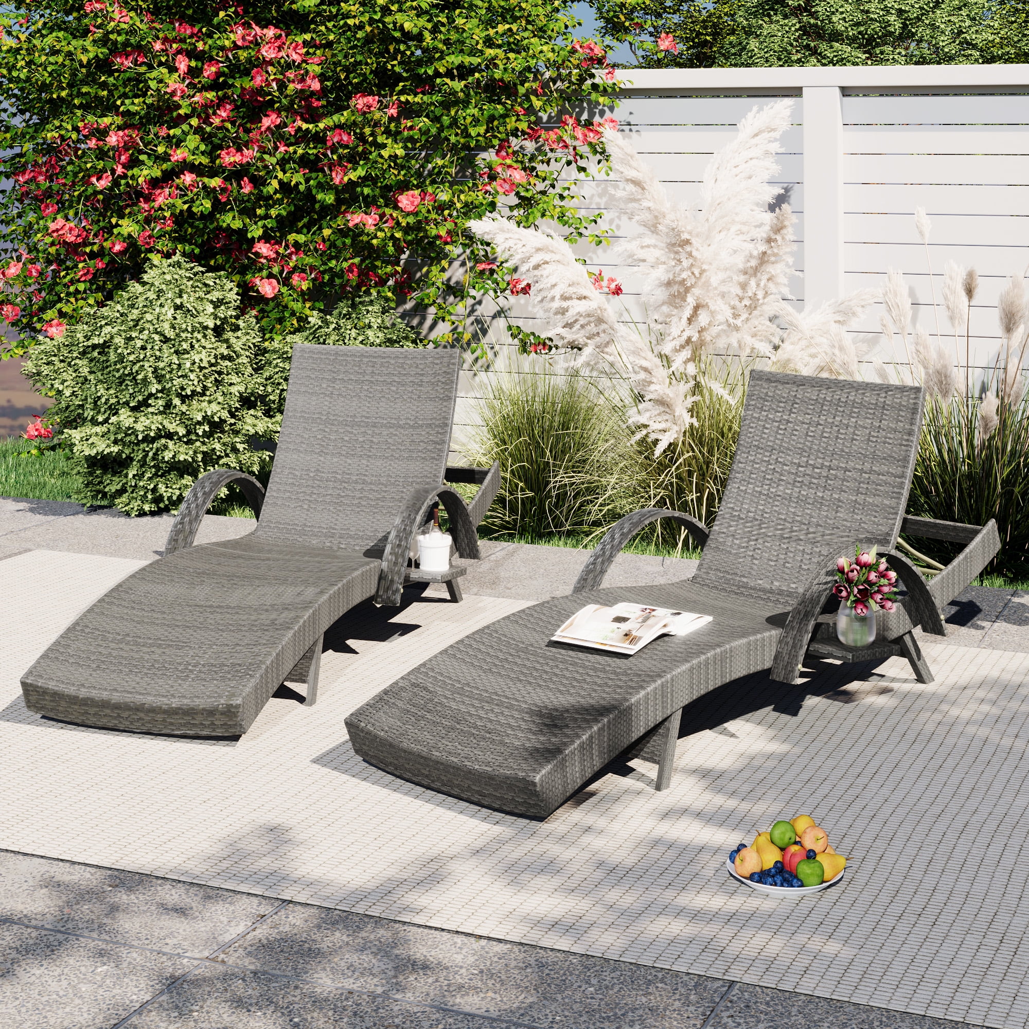 2 Pack Outdoor Wicker Reclining Lounge Chair, 5 Position Adjustable Backrest Pool Side Patio Lounger with Pull Out Side Table, Grey