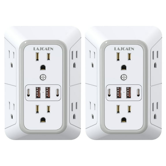 2 Pack Outlet Extender Multi Plug Wall 6 Outlets Adapter with 4 USB Charging Ports (2 USB C Outlet), 3 Sided 1050J Surge Protector Power Strip USB Wall Charger for Indoor Home, Office, Travel, White