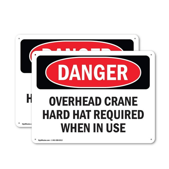 (2 Pack) Overhead Crane Hard Hat Required OSHA Danger Sign 18 Inch X 12 Inch Indoor / Outdoor Rust-Free Aluminum Metal Signs for Workplace, Workshop, and Construction Site, Made in the