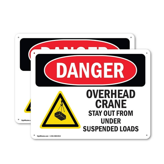 (2 Pack) Overhead Crane Suspended Load OSHA Danger Sign 18 Inch X 12 Inch Plastic Sign, Weather Resistant, UV Protected for Workplace, Business, and Construction Site, Made in the USA