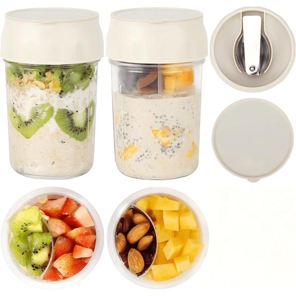 2 Pack Glass Overnight Oats Containers with Lids, Folding Stainless Steel Spoons & Divided Compartments – Leakproof Mason Jars for Yogurt Parfait, Fruit & Nuts Meal Prep