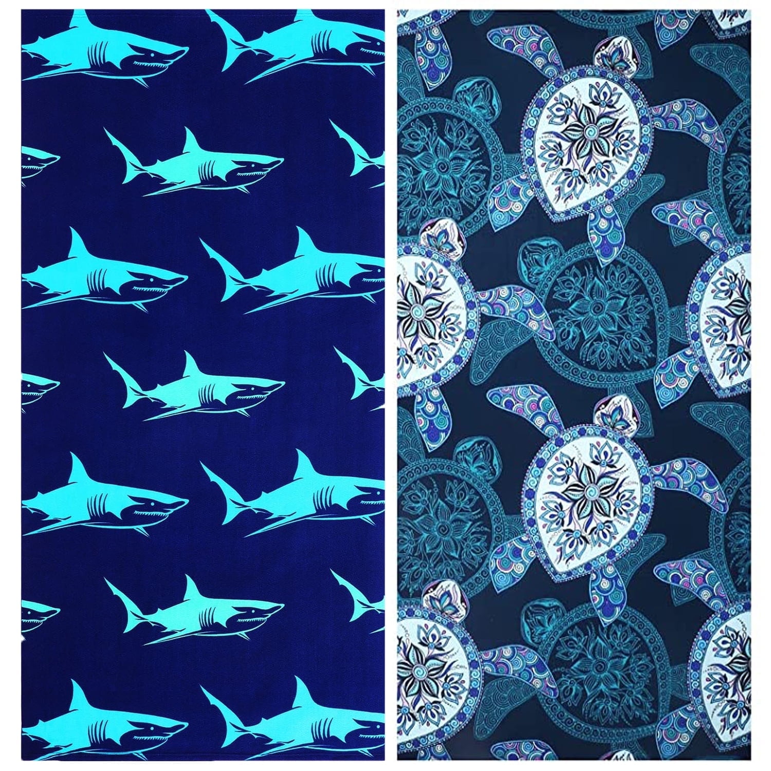 2 Pack Oversized Beach Towel Clearance , Extra Large Fast Quick Dry Sand Free Proof Mat Travel Stuff Cool Pool Microfiber Towel for Adults Men Women Mom Dad Funny Gift , 74"x36"-Sharks and Turtles