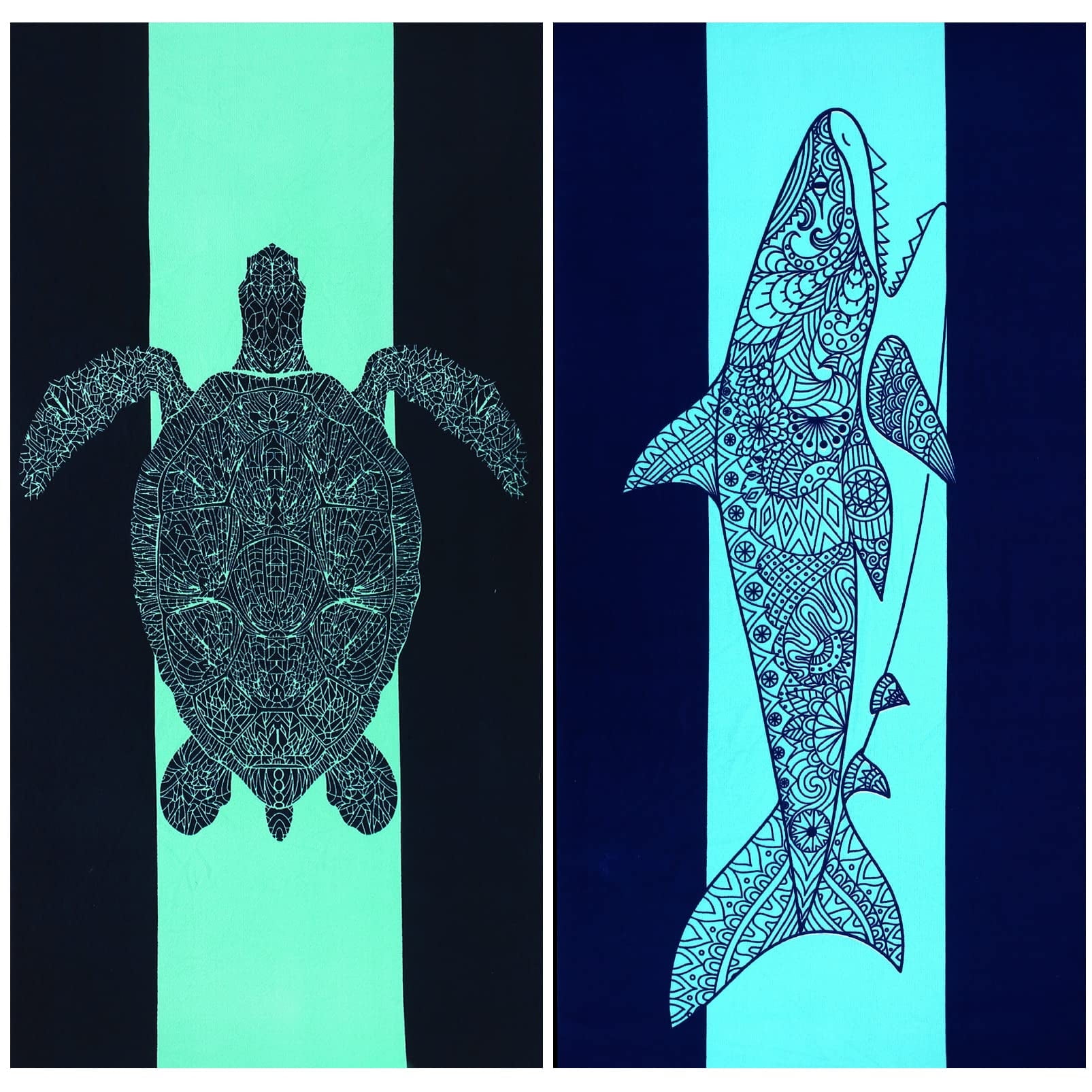 2 Pack Oversized Beach Towel Set, Extra Large Long XL Microfiber Pool Swim Towels, Quick Dry Super Absorbent Sandless Travel Towels Blanket Bluk, Adult Men Vacation Essentials ,74"x36"- Shark Turtle