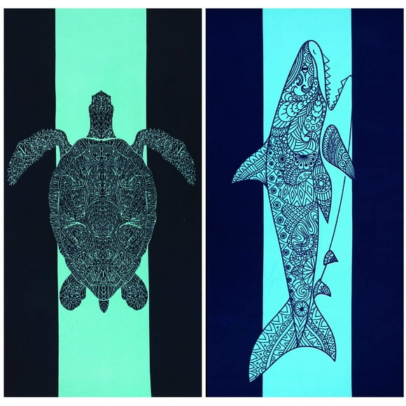 2 Pack Oversized Beach Towel Set, Extra Large Long XL Microfiber Pool Swim Towels, Quick Dry Super Absorbent Sandless Travel Towels Blanket Bluk, Adult Men Vacation Essentials ,74"x36"- Shark Turtle