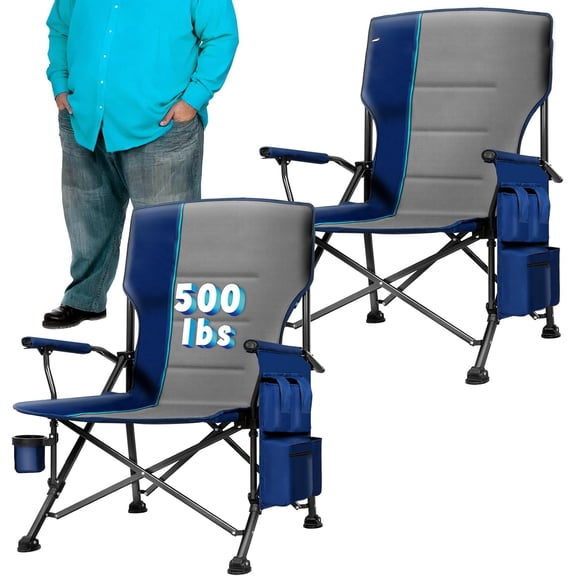 2 Pack Oversized Camping Chairs, Heavy Duty 500LBS Capacity, Folding Chairs with Hard Armrests, Cup Holder & Side Pockets for Outdoor, Beach, Garden