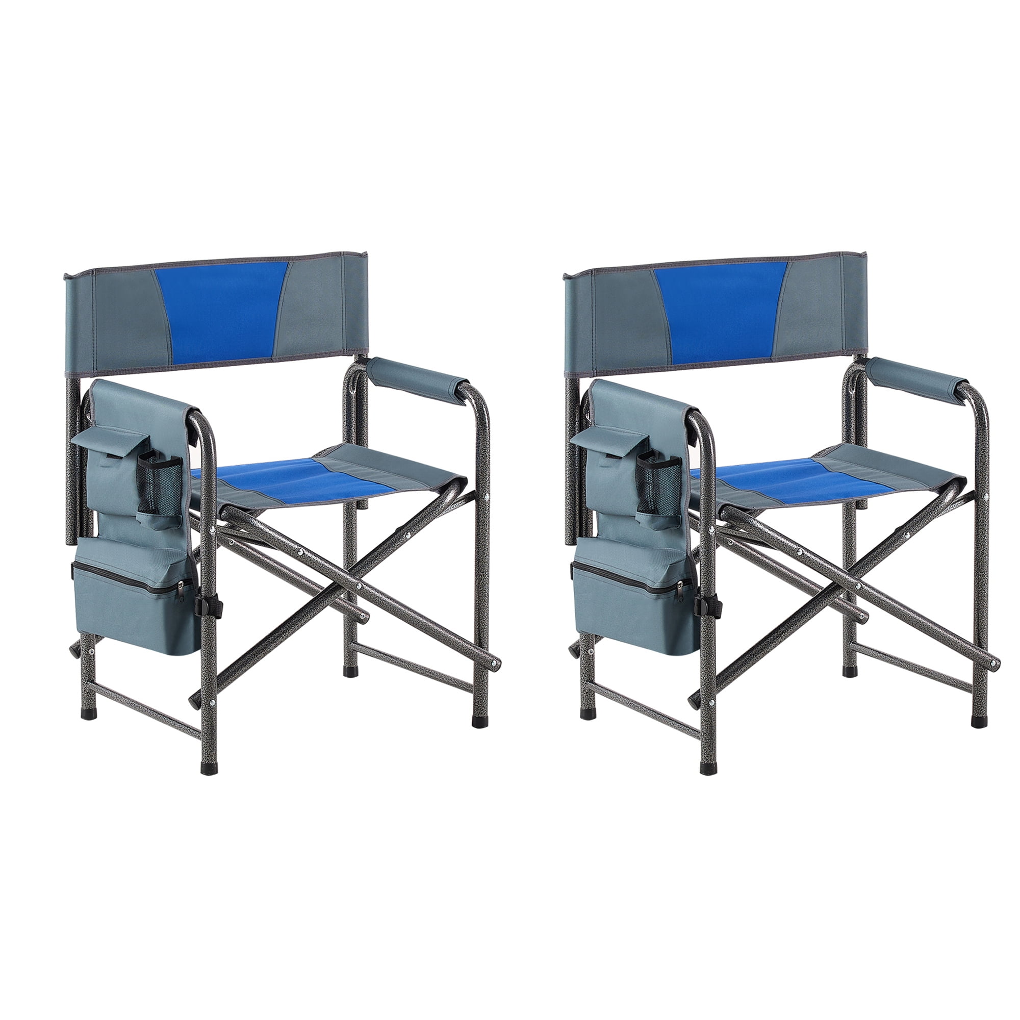 2 Pack Oversized Outdoor Folding Chair with Storage Pockets, Lightweight Camp Chair for indoor, Outdoor Camping, Picnics and Fishing, Blue+Grey