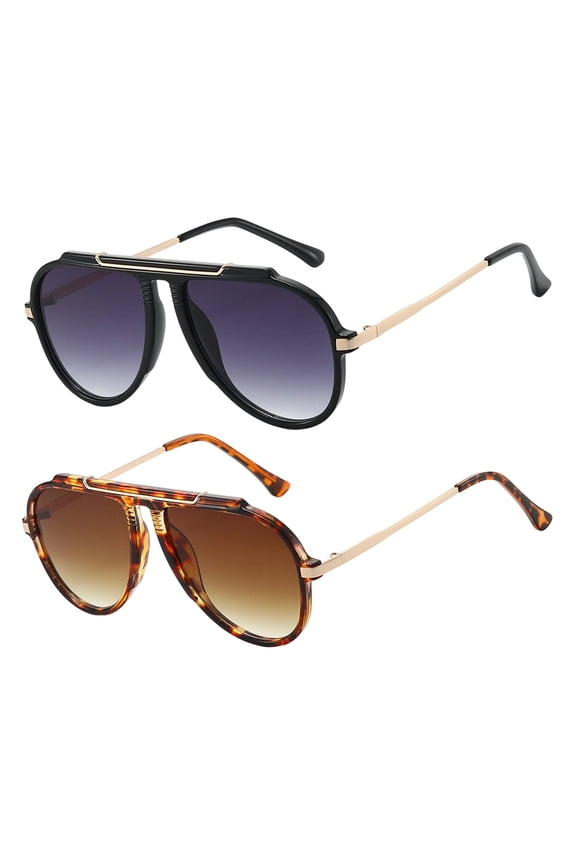 2 Pack Oversized Retro Aviator Sunglasses for Women Men Classic 70s Trendy Vintage Style Gold Metal Large Frame Sun Glasses, Leopard Print, Black