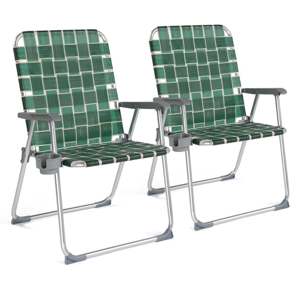 2 Pack Oversized Webbed Folding Lawn Chairs, 300 LBS Capacity Aluminum Patio Chairs with Detachable Cup Holder, Portable High Beach Chairs for Camping Garden Beach, Dark Green