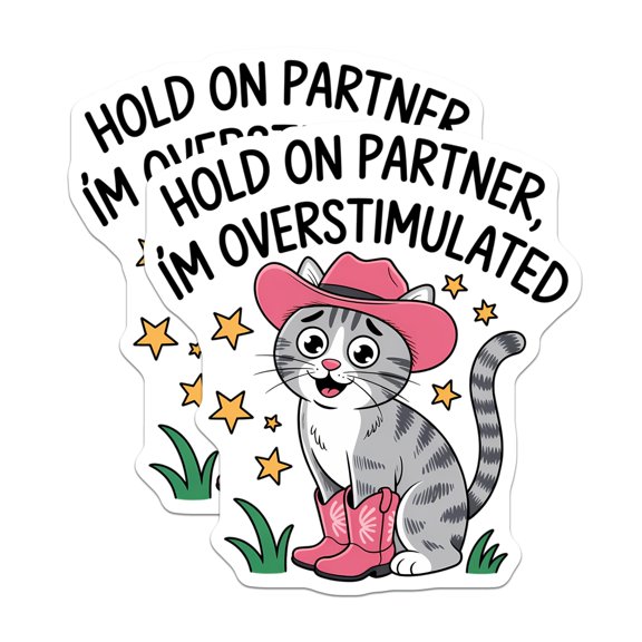 (2 Pack) Overstimulated Cat Stickers - Cowboy Kitty Decals - Hold On Partner Meme - 5" On Longest Side - Sticks to Smooth Flat Surfaces - Made in USA - BMCS20322