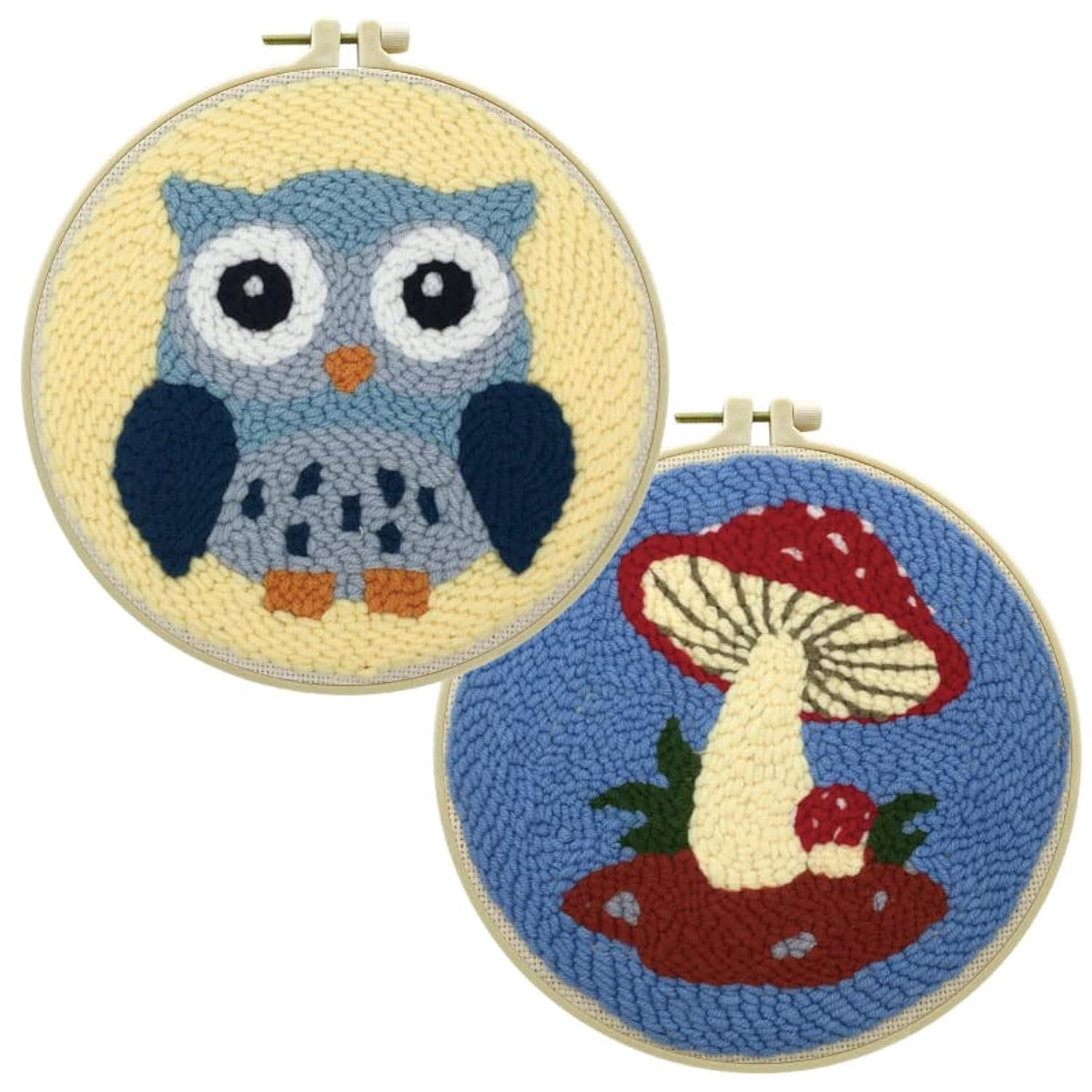 2 Pack Owl,Mushroom Easy Punch Needle Embroidery Starter Kits for Kids and Adults Beginners with Punch Needle Tool,Threader, Stamped Fabric Embroidery,Hoop,Pen, Punch Needle Kits