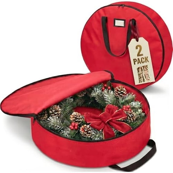 2 Pack Oxford Christmas Wreath Storage Container 36 Inch - Wreath Bag for Artificial Wreaths Box - Waterproof Fabric, Dual Zippered Wreaths Storage Bag With Strong Durable Handles - Red