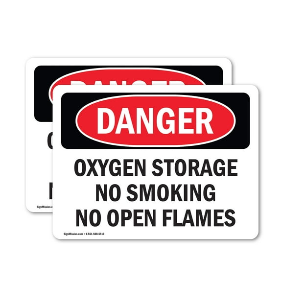 (2 Pack) Oxygen Storage No Smoking No Open Flames OSHA Danger Sign