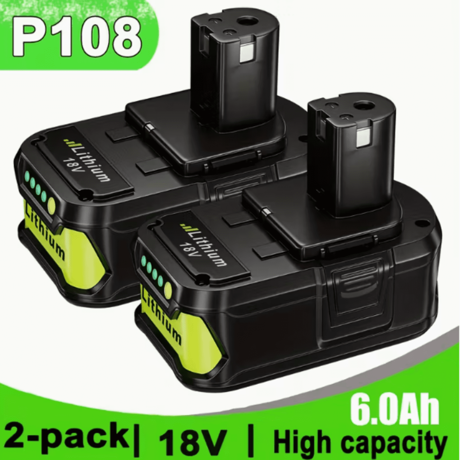 2-Pack 18V 6.0Ah High Capacity Batteries For Ryobi ONE+ Tools (Compatible With P107, P108, Etc.) 1 thumbnail image
