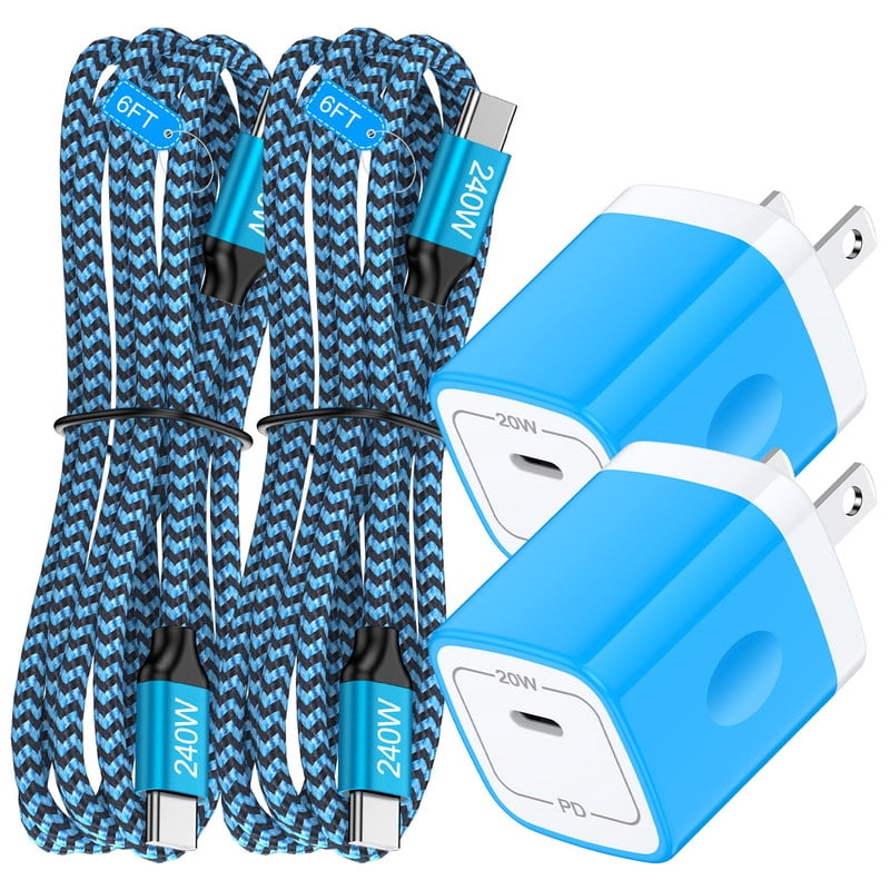 2 Pack PD 20W Fast Wall Charger Block, 20W Phone Charger with 6FT Type C Charger Block Cables, Compatible with iPhone 17/16/15 Pro Max iPad Pro Galaxy S26 Android,Blue