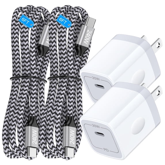 2 Pack PD 20W Fast Wall Charger Block, 20W Phone Charger with 6FT Type C Charger Block Cables, Compatible with iPhone 17/16/15 Pro Max iPad Pro Galaxy S26 Android,White
