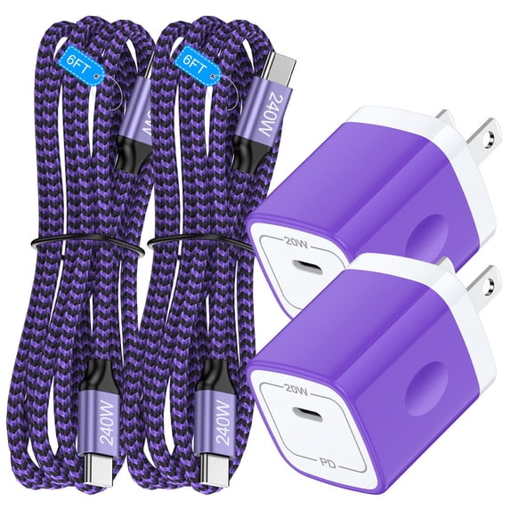 2 Pack PD 20W Fast Wall Charger Block, 20W Phone Charger with 6FT Type C Charger Block Cables, Compatible with iPhone 17/16/15 Pro Max iPad Pro Galaxy S26 Android,Purple
