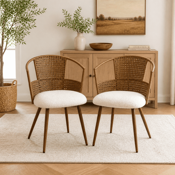 2 Pack PE Rattan Dining Arm Chairs, Boho Woven Side Chair with Teddy ...