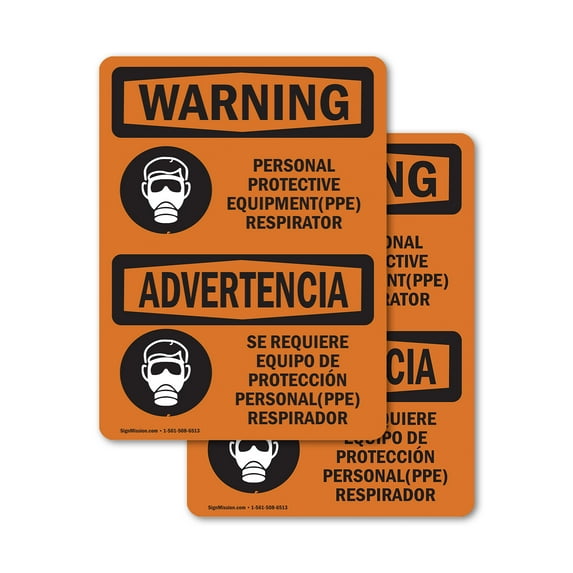 (2 Pack) PPE Respirator Bilingual OSHA Warning Sign 18 Inch X 24 Inch Vinyl Label Decal Sticker Weather Resistant, UV Protected for Workplace, Business, and Construction Site, Made in