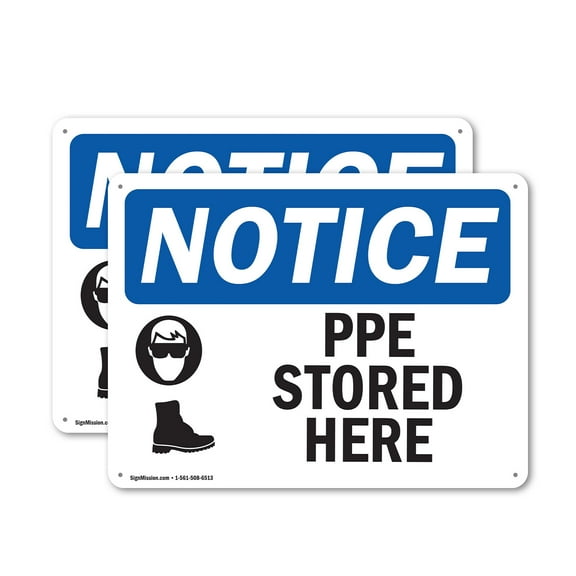 (2 Pack) PPE Stored Here OSHA Notice Sign 10 Inch X 7 Inch Plastic Sign, Weather Resistant, UV Protected for Workplace, Business, and Construction Site, Made in the USA