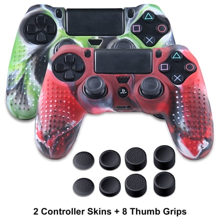 2 Pack PS4 Controller Silicone Skins - Anti-slip PS4 Grip controller Covers - Protector Accessories for PS4 Slim/Pro - 4 Pairs Thumb Grips for PS4 - Camo Green & Camo Red