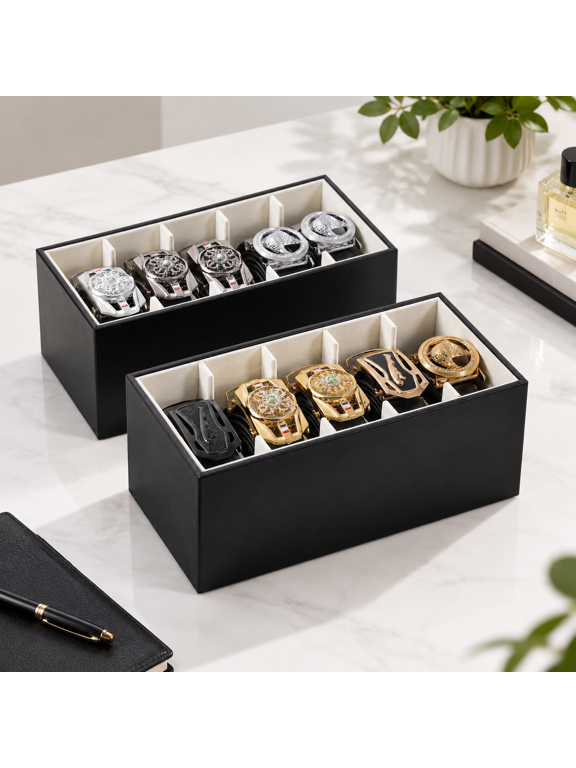 2-Pack PU Leather Belt & Tie Organizer, Stackable 5-Grid Drawer Closet Storage