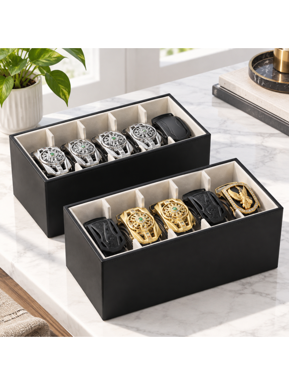 2-Pack PU Leather Belt & Tie Organizer, Stackable 5-Grid Drawer and Closet Storage