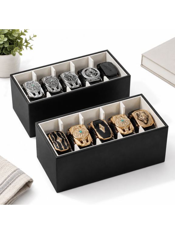 2-Pack PU Leather Belt and Tie Organizer, 5-Grid Stackable Closet Drawer Storage