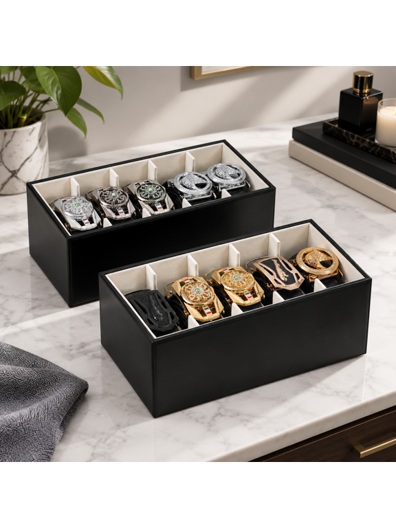 2 Pack PU Leather Belt and Tie Organizer, Stackable 5-Grid Storage for Closet and Drawer