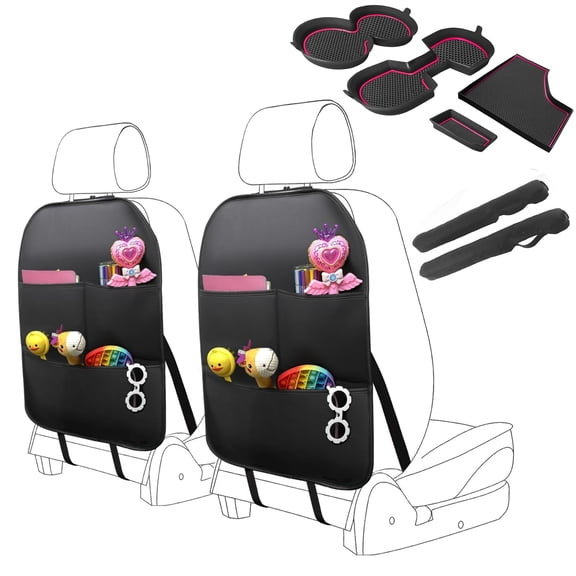2 Pack PU Leather Kick Mat Back Seat Protector with Storage Pockets, Seat Gap Filler, Cup Holder Liners