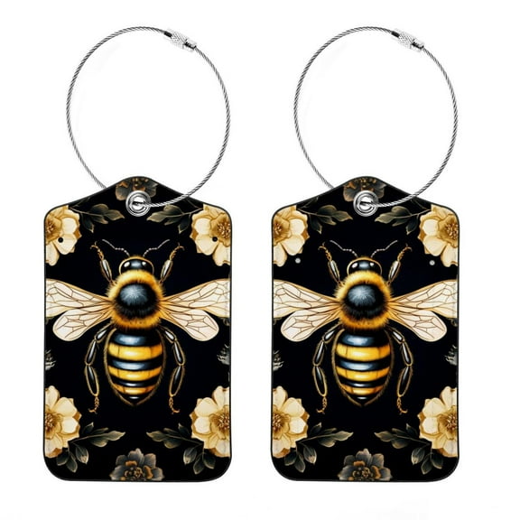 2 Pack PU Leather Luggage Tags for Suitcase with Privacy Flap, Name ID Label and Metal Loop for Women Men Girls, Starry Bee