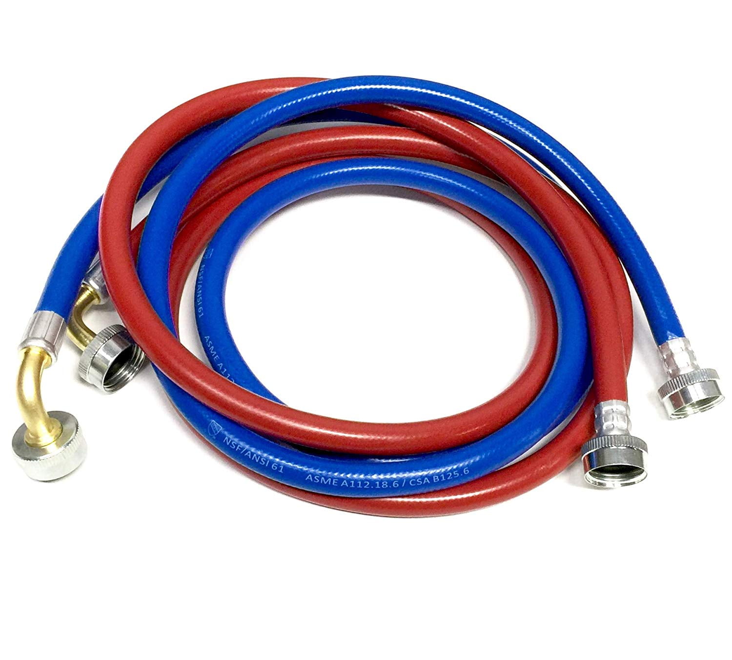 2-Pack PVC and Inside Nylon Braided Premium Washing Machine Hoses - 6 FT No-Lead Burst Proof Red and Blue Colored Water Inlet Supply Lines - Universal 90 Degree Elbow Connection
