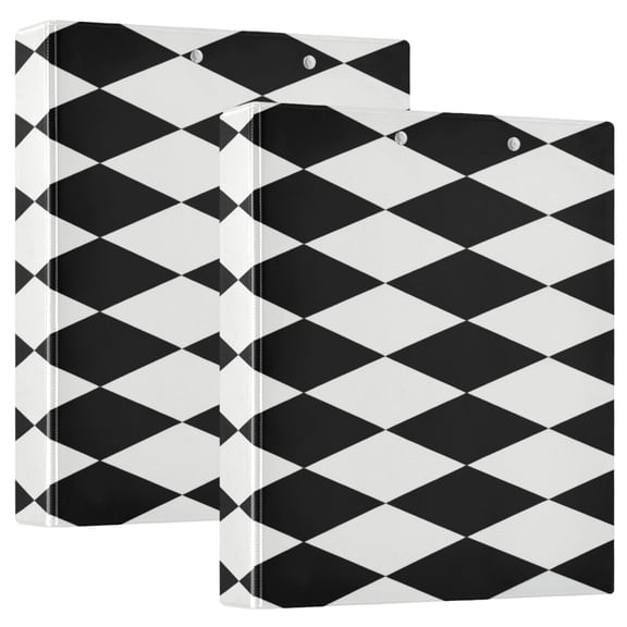 2 Pack PVC Round Ring Binders, 200 Sheet Capacity D-Ring File Folder with Metal Clip and Clear Pocket Black Diamond Pattern