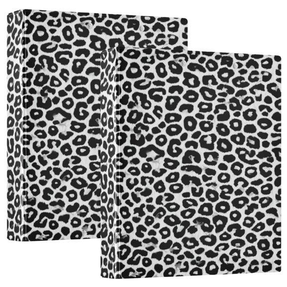 2 Pack PVC Round Ring Binders, 200 Sheet Capacity D-Ring File Folder with Metal Clip and Clear Pocket Black and White Leopard