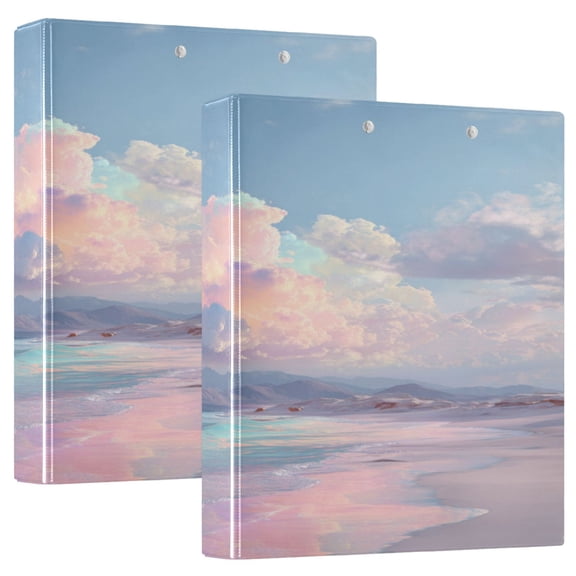 2 Pack PVC Round Ring Binders, 200 Sheet Capacity D-Ring File Folder with Metal Clip and Clear Pocket Clouds