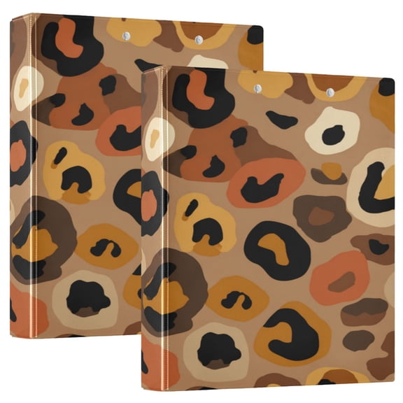 2 Pack PVC Round Ring Binders, 200 Sheet Capacity D-Ring File Folder with Metal Clip and Clear Pocket Dark Leopard Print