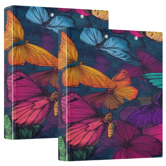 2 Pack PVC Round Ring Binders, 200 Sheet Capacity D-Ring File Folder with Metal Clip and Clear Pocket Dark-colored Butterfly