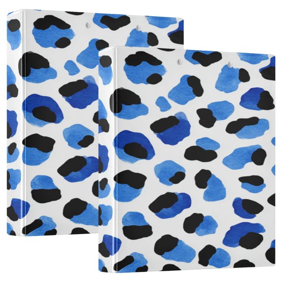 2 Pack PVC Round Ring Binders, 200 Sheet Capacity D-Ring File Folder with Metal Clip and Clear Pocket Deep Blue Leopard