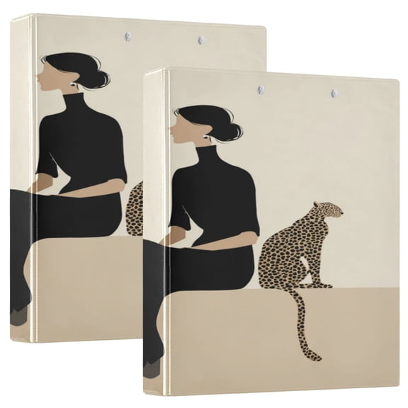 2 Pack PVC Round Ring Binders, 200 Sheet Capacity D-Ring File Folder with Metal Clip and Clear Pocket Female Leopard