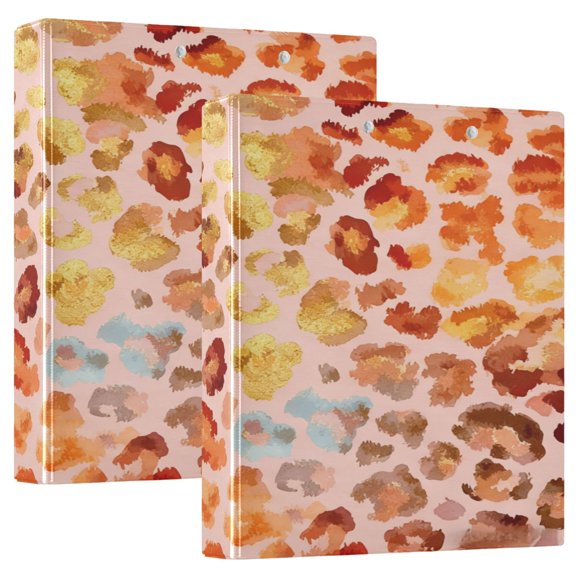 2 Pack PVC Round Ring Binders, 200 Sheet Capacity D-Ring File Folder with Metal Clip and Clear Pocket Five-color Leopard Pattern