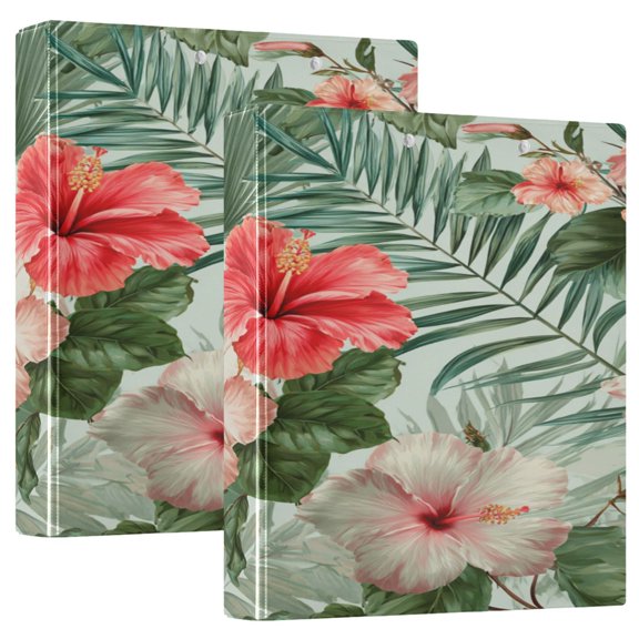2 Pack PVC Round Ring Binders, 200 Sheet Capacity D-Ring File Folder with Metal Clip and Clear Pocket Floral Cluster
