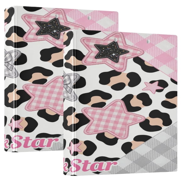 2 Pack PVC Round Ring Binders, 200 Sheet Capacity D-Ring File Folder with Metal Clip and Clear Pocket Floral Leopard Print Stars