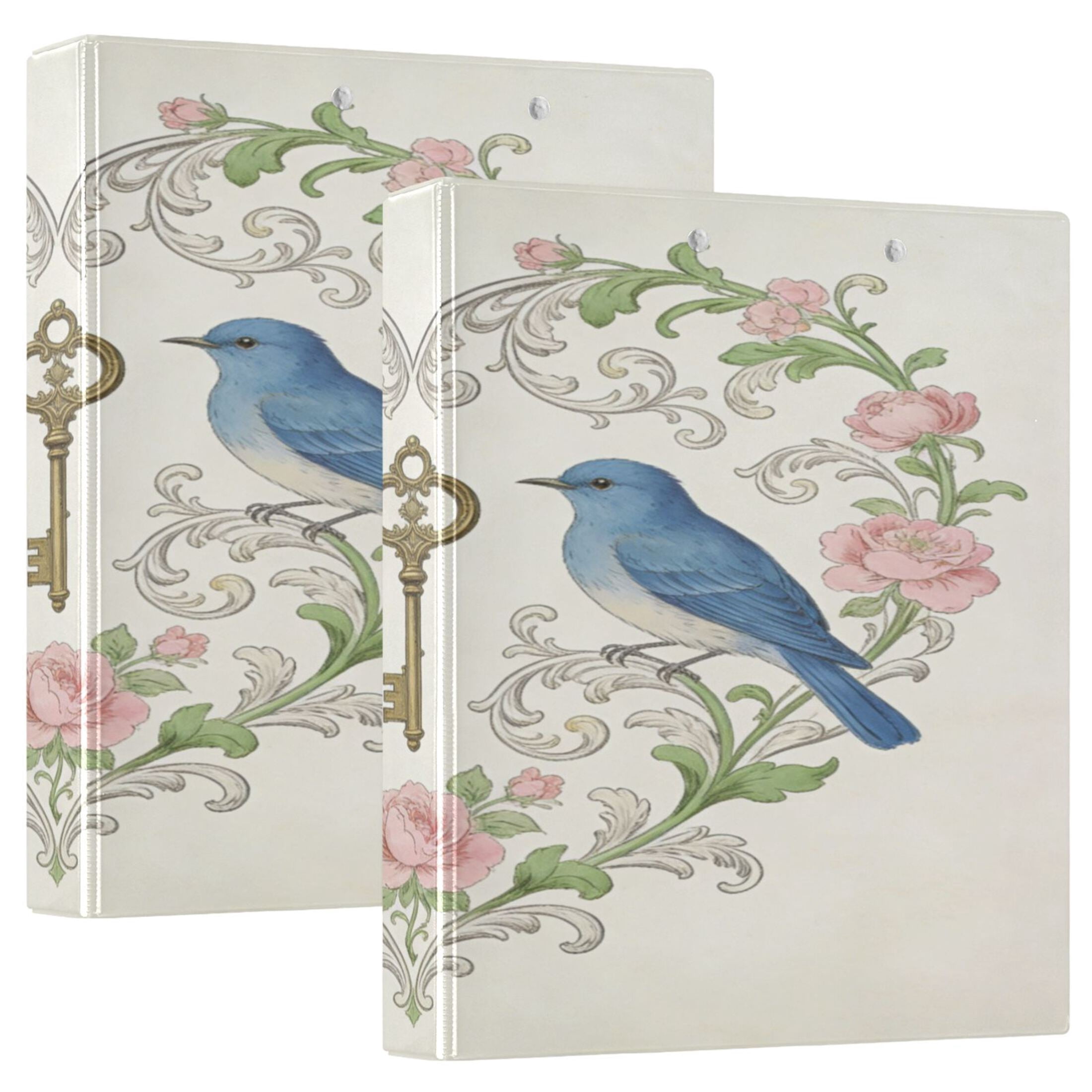 2 Pack PVC Round Ring Binders, 200 Sheet Capacity D-Ring File Folder with Metal Clip and Clear Pocket Flower and Bird Keychain